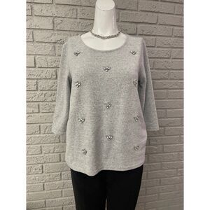 Suzy Shier Women Gray Embellished 3/4 Sleeve Sweater Size SP